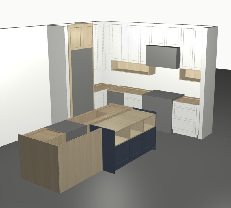 DodiHome design app — 3D kitchen rendering with cabinet layout